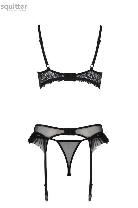 Комплект Passion KERRIA SET WITH OPEN BRA black, L/XL, бюстгальтер з відкритою чашкою, стрінги, пояс для панчіх SX0494 - онлайн-сексшоп Сквітер