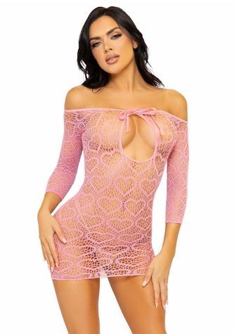 Сукня-сітка з сердечками Leg Avenue Heart net mini dress Pink, зав&rsquo;язки, відкриті плечі, one size SO7960 - онлайн-сексшоп Сквітер