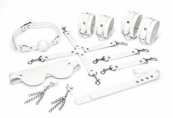 Набір Feral Feelings BDSM Kit 7 White, наручники, поножі, конектор, маска, падл, кляп, затискачі SX3982 - онлайн-сексшоп Сквітер
