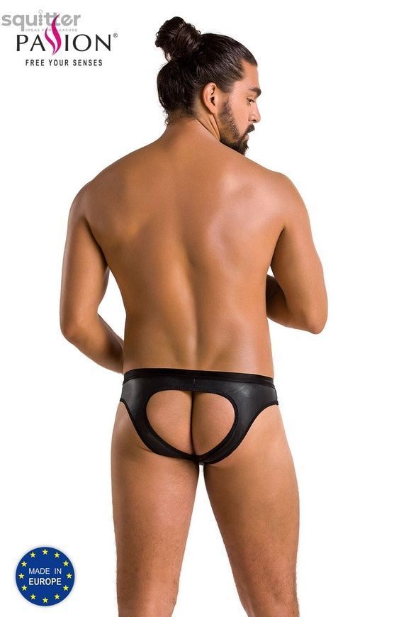 Мужские слипы с вырезами Passion 041 Slip Joe XXL/XXXL Black, экокожа, открытые ягодицы SO7596 - онлайн-сексшоп Сквитер