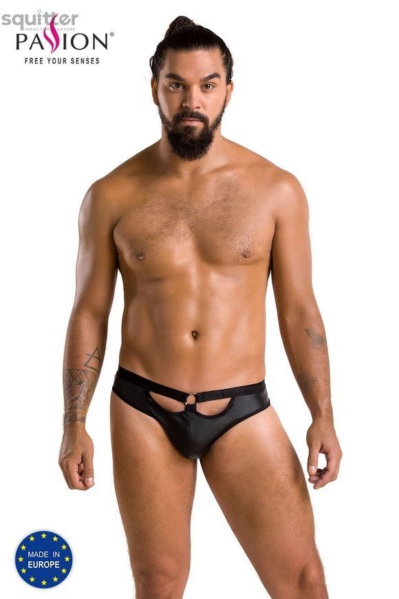 Мужские слипы с вырезами Passion 041 Slip Joe XXL/XXXL Black, экокожа, открытые ягодицы SO7596 - онлайн-сексшоп Сквитер