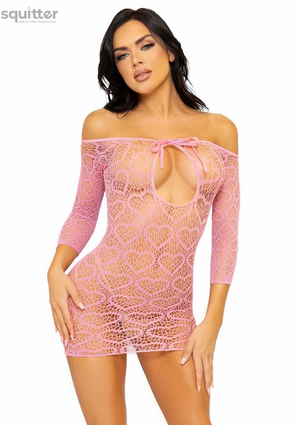 Сукня-сітка з сердечками Leg Avenue Heart net mini dress Pink, зав’язки, відкриті плечі, one size SO7960 фото