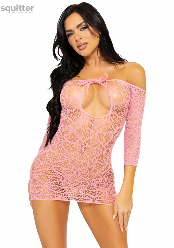 Сукня-сітка з сердечками Leg Avenue Heart net mini dress Pink, зав’язки, відкриті плечі, one size SO7960 фото