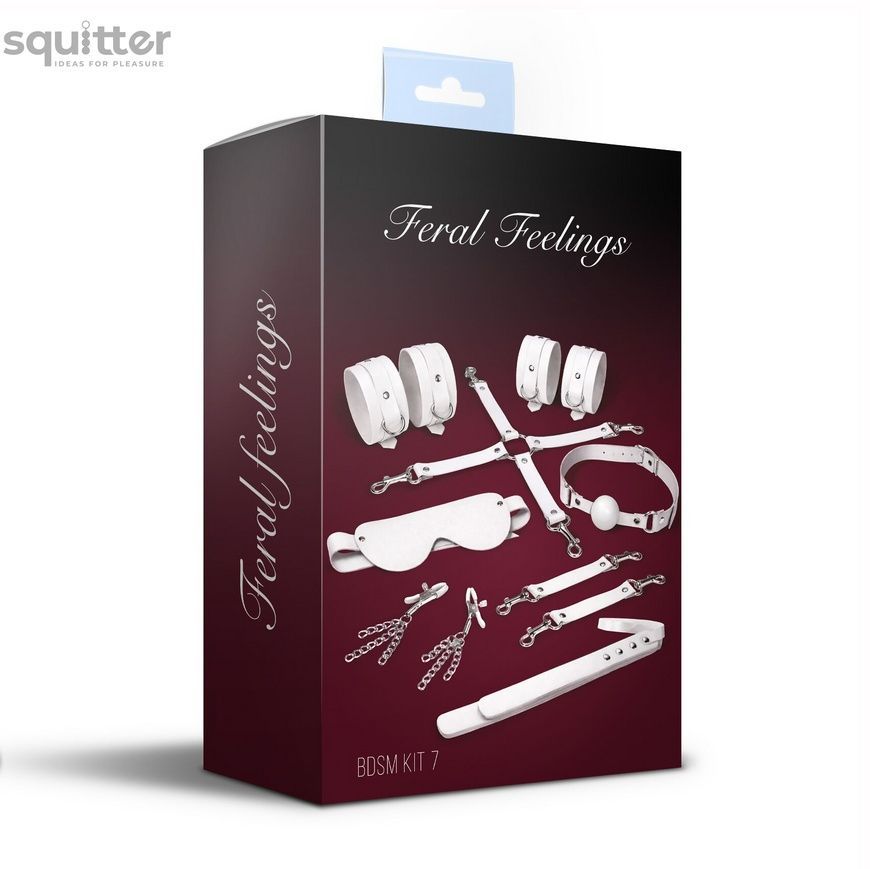 Набір Feral Feelings BDSM Kit 7 White, наручники, поножі, конектор, маска, падл, кляп, затискачі SX3982 - онлайн-сексшоп Сквітер