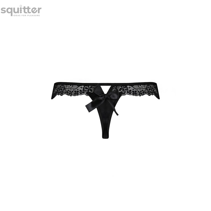 Мереживні трусики-танга з атласним бантиком Naja Thong black L/XL - Passion SO5364 фото