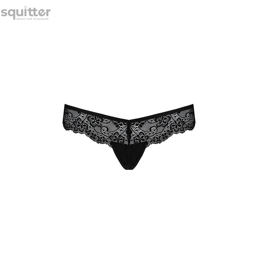 Мереживні трусики-танга з атласним бантиком Naja Thong black L/XL - Passion SO5364 фото