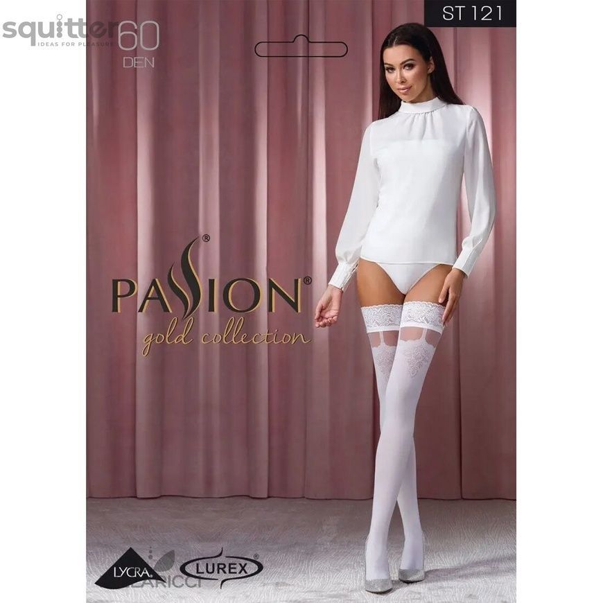 Панчохи Passion ST121 1/2 white на ажурній силіконовій резинці з квітковим орнаментом і вертикальним SO5791 - онлайн-сексшоп Сквітер