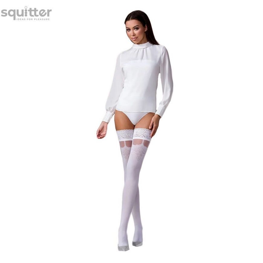 Панчохи Passion ST121 1/2 white на ажурній силіконовій резинці з квітковим орнаментом і вертикальним SO5791 - онлайн-сексшоп Сквітер