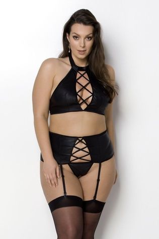 Комплект из экокожи Passion Nancy Set 4XL/5XL black, имитация шнуровки, топ, пояс для чулок SO7106 - онлайн-сексшоп Сквитер