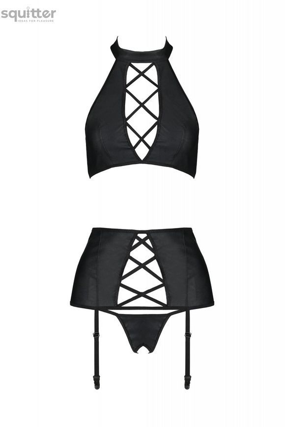 Комплект из экокожи Passion Nancy Set 4XL/5XL black, имитация шнуровки, топ, пояс для чулок SO7106 - онлайн-сексшоп Сквитер