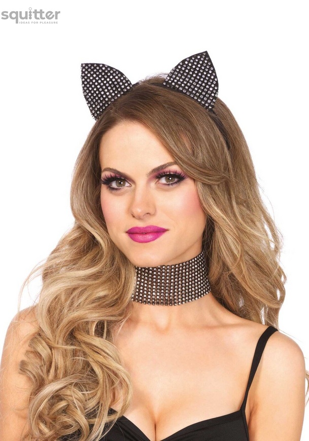 Набір кішечки зі стразами Leg Avenue Cat ear headband & choker set, широкий чокер та вушка SO7952 фото