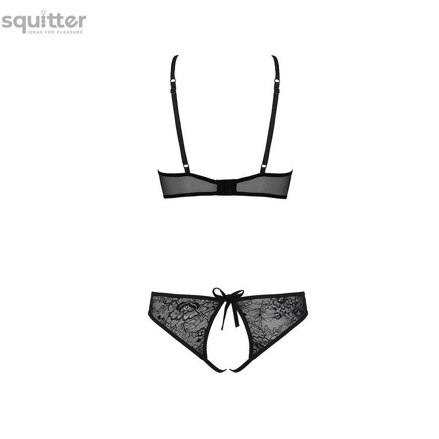 Комплект: бра, трусики з ажурним декором та відкритим кроком Ursula Set black L/XL — Passion SO5841 фото