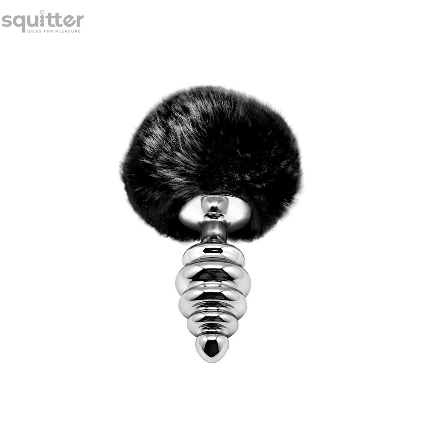 Металлическая анальная пробка Кроличий хвостик Alive Fluffy Twist Plug M Black, диаметр 3,4 см SO6309 фото