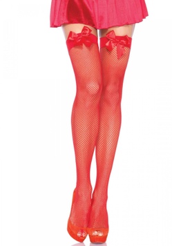 Панчохи-сітка з атласним бантиком Leg Avenue Fishnet Thigh Highs With Bow Red, one size SO7971 фото