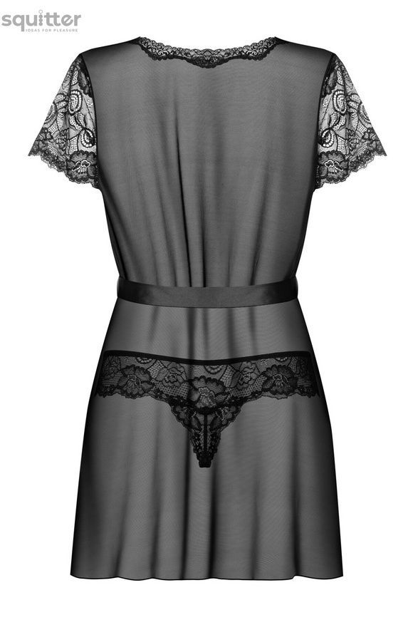 Пеньюар Obsessive Alluria peignoir & thong, S/M, прозорий, з мереживом, пояс, трусики в комплекті SX1124 - онлайн-сексшоп Сквітер