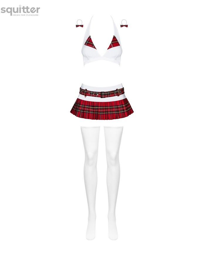 Эротический костюм школьницы с мини-юбкой Obsessive Schooly 5pcs costume L/XL бело-красный, топ, юбк SO7305 - онлайн-сексшоп Сквитер