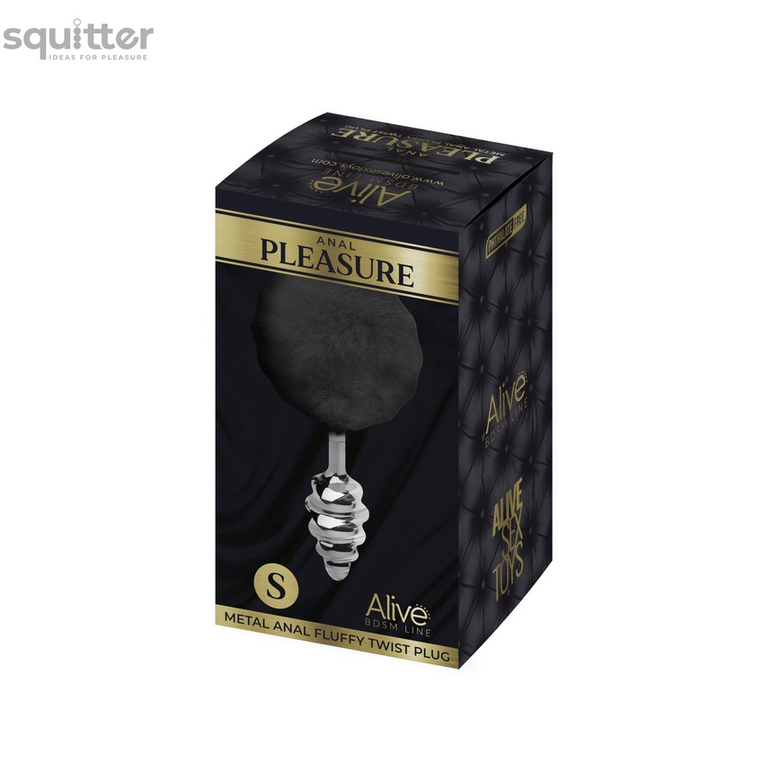 Металлическая анальная пробка Кроличий хвостик Alive Fluffy Twist Plug S Black, диаметр 2,9 см SO6307 фото