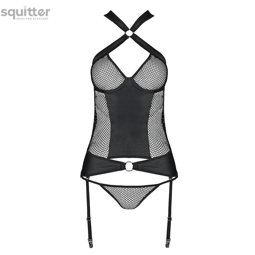 Сетчатый комплект корсет с халтером, съемные подвязки и трусики Amanda Corset black S/M - Passion SO5319 - онлайн-сексшоп Сквитер