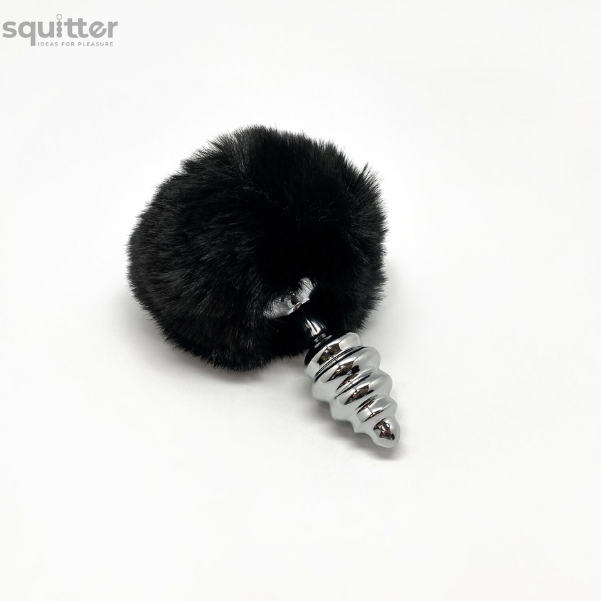 Металлическая анальная пробка Кроличий хвостик Alive Fluffy Twist Plug S Black, диаметр 2,9 см SO6307 фото