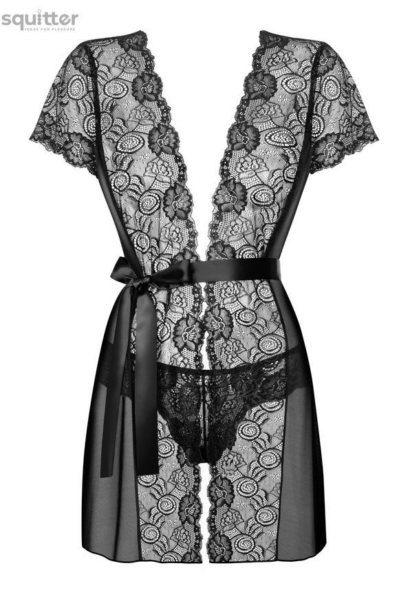 Пеньюар Obsessive Alluria peignoir & thong, L/XL, прозорий, з мереживом, пояс, трусики в комплекті SX1125 - онлайн-сексшоп Сквітер