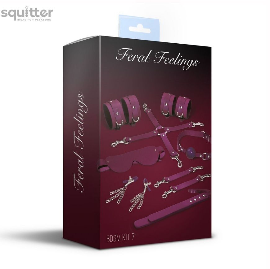 Набор Feral Feelings BDSM Kit 7 Burgundy, наручники, поножи, коннектор, маска, паддл, кляп, зажимы SO8278 - онлайн-сексшоп Сквитер