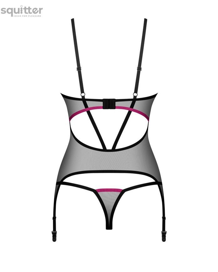 Корсет Obsessive Novenes corset & thong, XS/S, прозорий, відкрита спина, стрінги в комплекті SX0613 - онлайн-сексшоп Сквітер