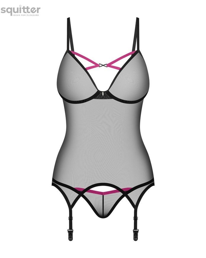 Корсет Obsessive Novenes corset & thong, XS/S, прозорий, відкрита спина, стрінги в комплекті SX0613 - онлайн-сексшоп Сквітер