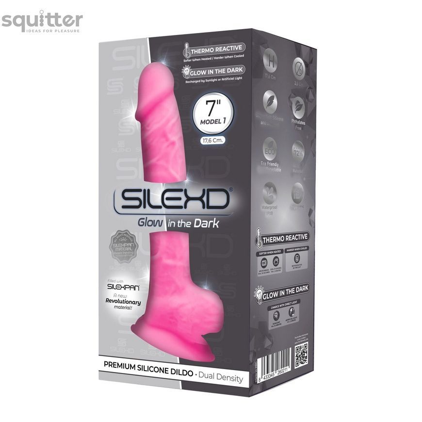 Фалоімітатор SilexD Johnny Pink Glow in the dark, двошаровий, силікон+Silexpan, діаметр 3,5см SO7026 - онлайн-сексшоп Сквітер