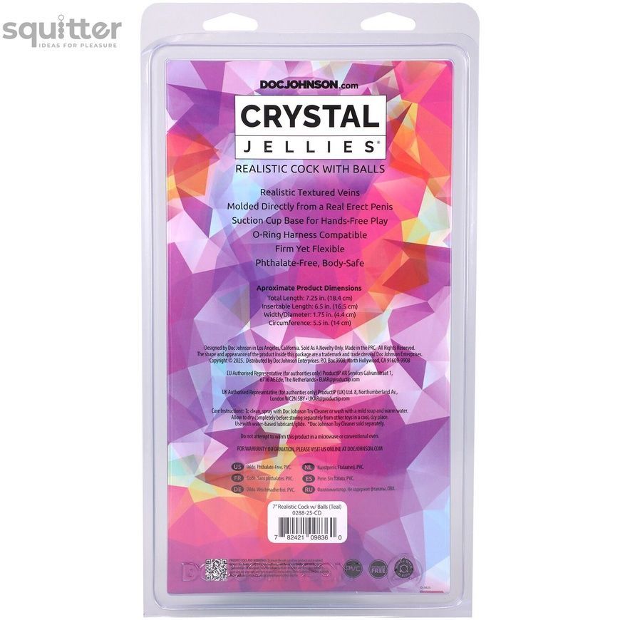 Фалоімітатор Doc Johnson Crystal Jellies - 7 Inch Realistic Cock with Balls - Teal SX4431 - онлайн-сексшоп Сквітер