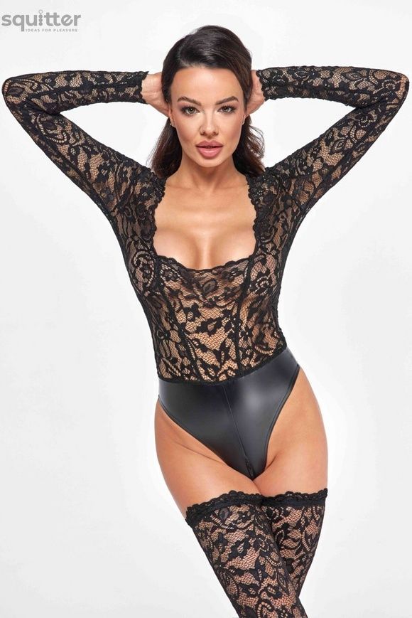 Боді Noir Handmade F296 Psyche, M, мереживо, довгий рукав, низ під латекс, з доступом SX0214 - онлайн-сексшоп Сквітер