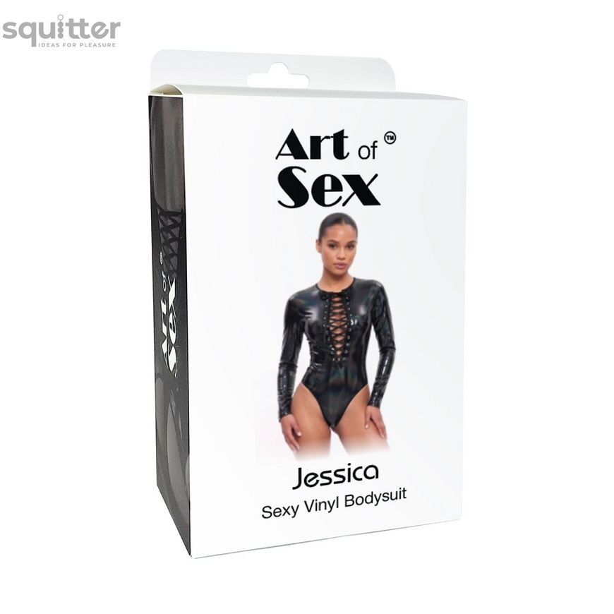 Вінілове боді з рукавами Art of Sex - Jessica, колір чорний, розмір L SX4683 - онлайн-сексшоп Сквітер