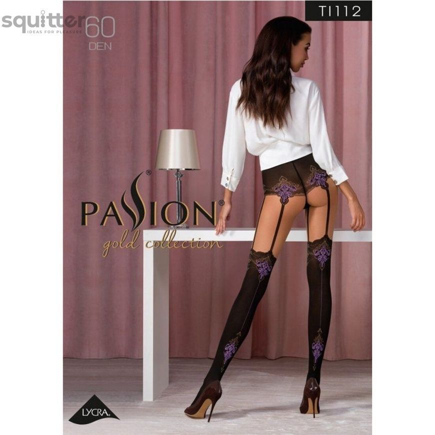 Колготки з ефектом панчох на підв'язках PassionTI112 1/2 (60/20 den), nero-violet SO4291 - онлайн-сексшоп Сквітер