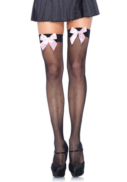 Leg Avenue Fishnet Thigh Highs With Bow OS Black & Pink SO8596 фото