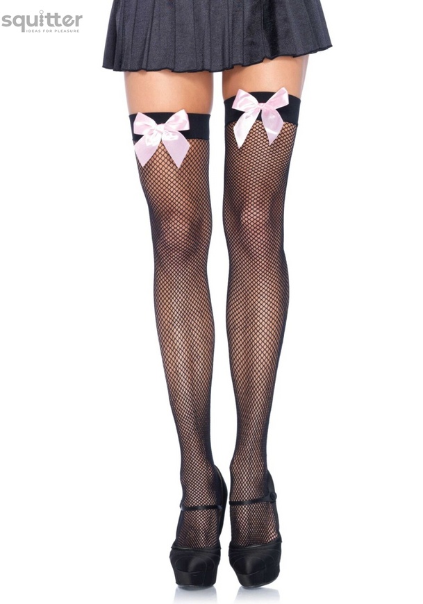 Leg Avenue Fishnet Thigh Highs With Bow OS Black & Pink SO8596 фото