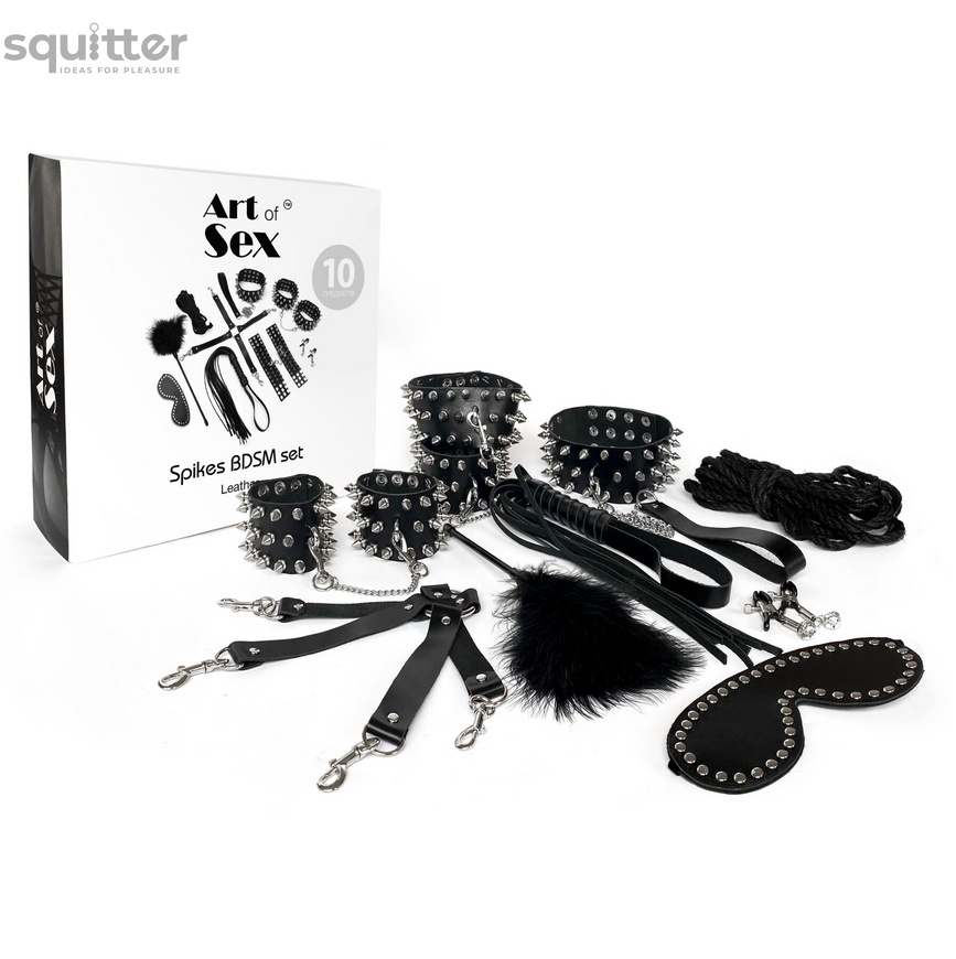 Набір Art of Sex - Spikes BDSM Set Leather, 10 предметів, натуральна шкіра, Чорний SO7140 фото