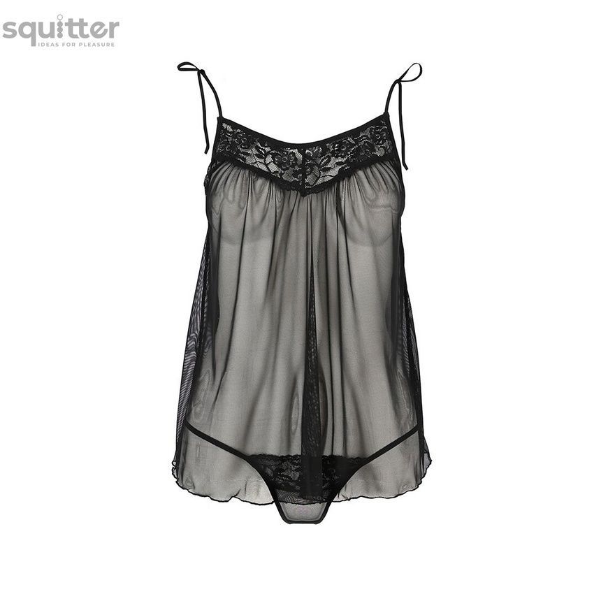 Сорочка прозрачная беби долл MELANIA CHEMISE black XXL/XXXL - Passion, трусики, на тонких бретелях EL16306 - онлайн-сексшоп Сквитер