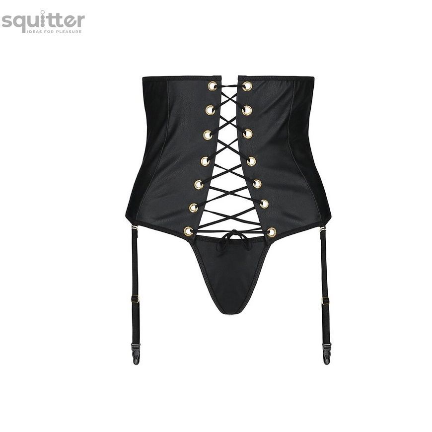 Пояс-корсет з екошкіри Passion CELINE SET S/M, black, шнурівка, знімні пажі для панчіх, стрінги SO6410 - онлайн-сексшоп Сквітер