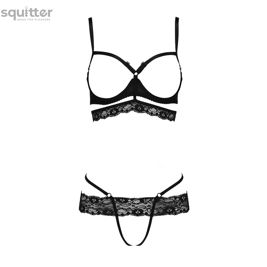 Комплект белья SARIA SET OpenBra black L/XL - Passion Exclusive: стрэпы: откртый лиф, стринги PS25001 фото