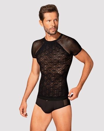 Мужская полупрозрачная футболка с орнаментом Obsessive T102 T-shirt S/M/L, черная SO7310 - онлайн-сексшоп Сквитер