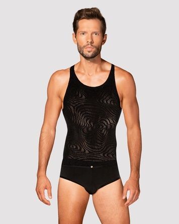 Мужская полупрозрачная майка-борцовка с узором Obsessive T103 tank top S/M/L, черная SO7311 - онлайн-сексшоп Сквитер