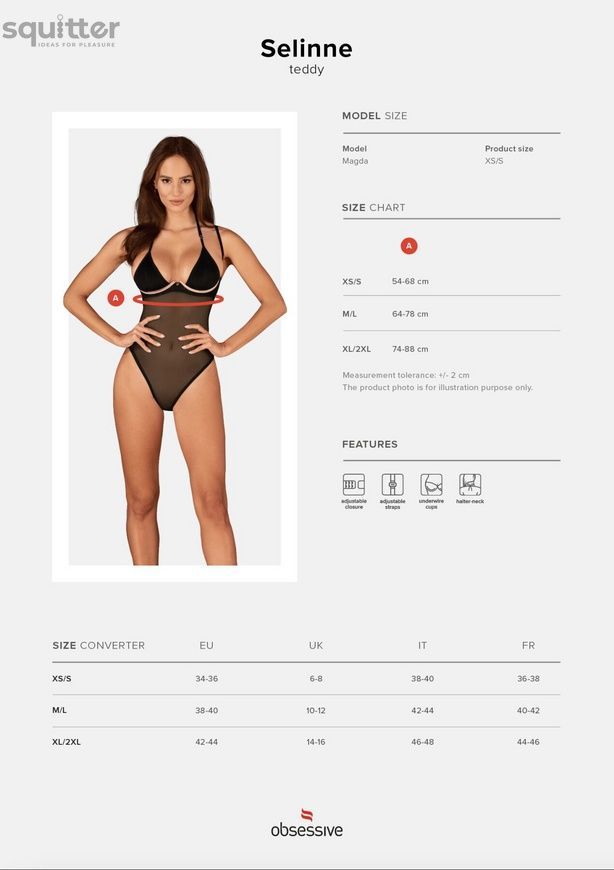 Прозоре боді Obsessive Selinne teddy M/L Black, дрібна сітка, подвійні бретелі SO8665 - онлайн-сексшоп Сквітер