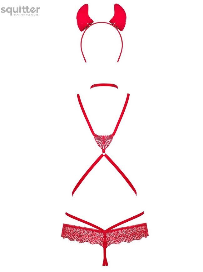 Эротический костюм чертика из стреп Obsessive Evilia teddy red L/XL, боди, чокер, накладки на соски, SO7707 - онлайн-сексшоп Сквитер