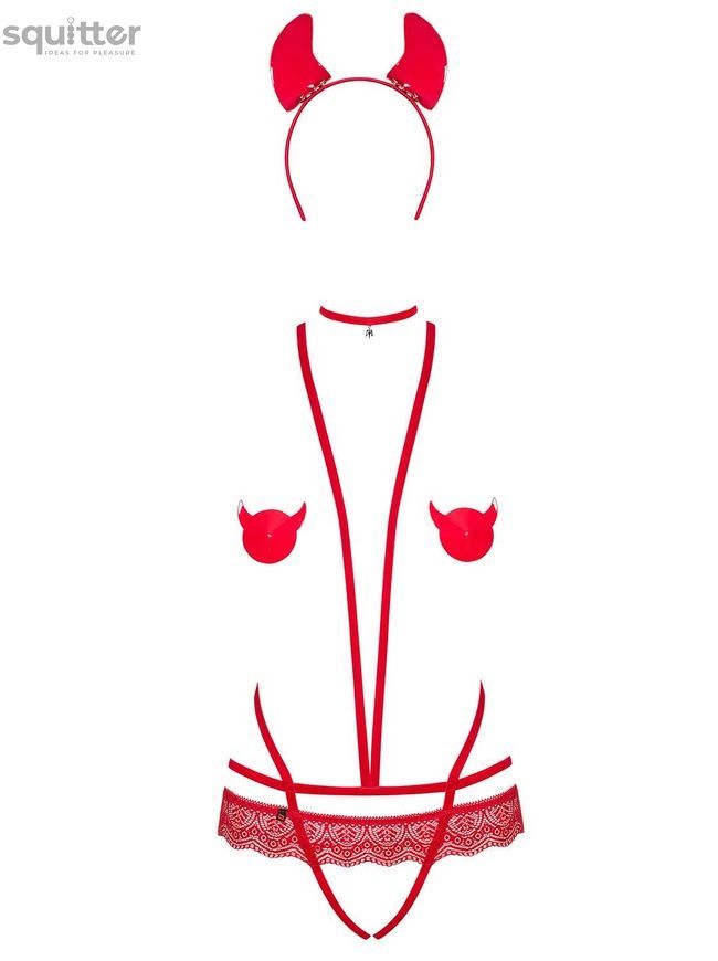 Эротический костюм чертика из стреп Obsessive Evilia teddy red L/XL, боди, чокер, накладки на соски, SO7707 - онлайн-сексшоп Сквитер