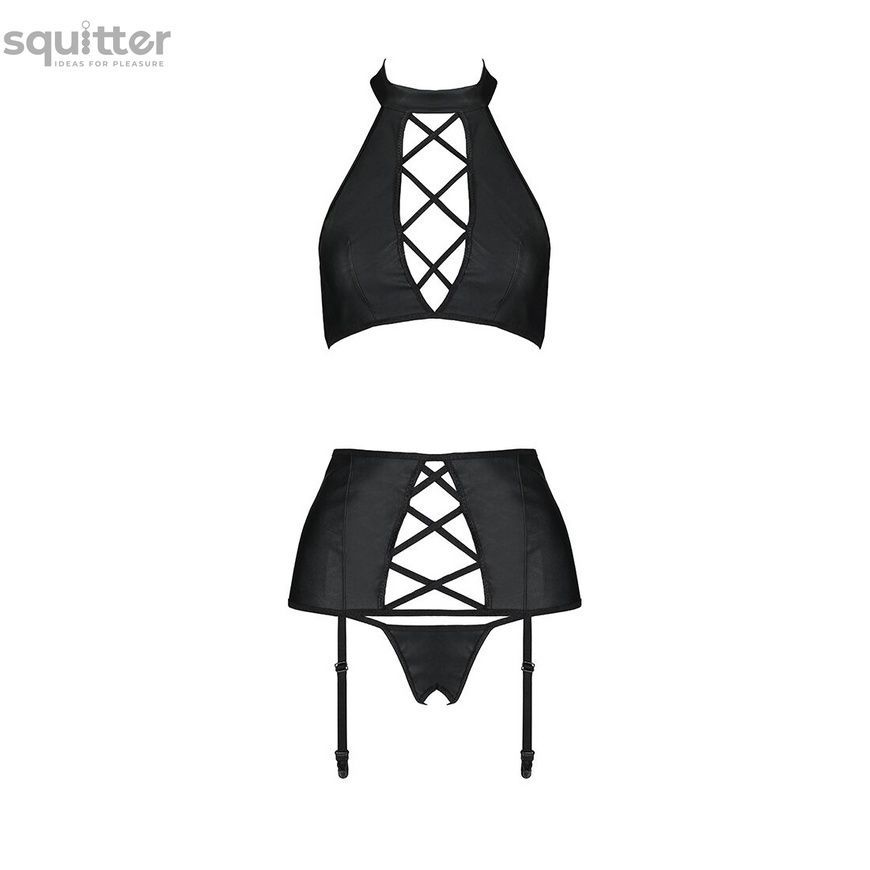 Комплект з еко-шкіри імітація шнурівки Passion NANCY SET XXL/XXXL black топ трусики пояс для панчіх SO5375 - онлайн-сексшоп Сквітер