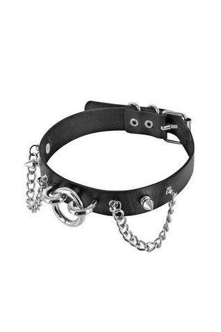 Ошейник цепочками, шипами и кольцом Fetish Tentation Choker Rings and Chains, экокожа SO2237 - онлайн-сексшоп Сквитер