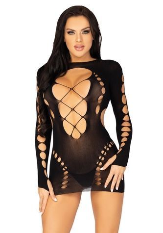 Безшовна мінісукня Leg Avenue Long sleeve cut out mini dress One size Black SO8570 - онлайн-сексшоп Сквітер