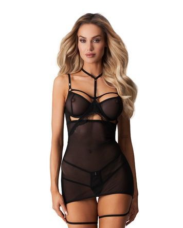 Бебі-дол Obsessive Arrowel Black chemise L/XL, з декоративним чокером та гартерами SX5054 - онлайн-сексшоп Сквітер