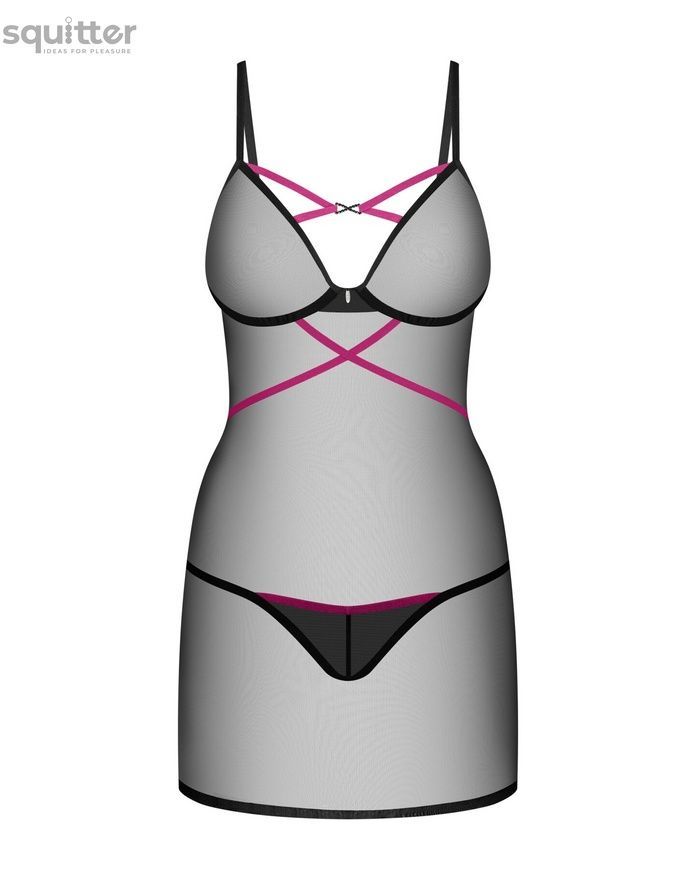 Пеньюар Obsessive Novenes chemise & thong, XL/2XL, обтислий, прозорий, зі стрепами, стрінги в компле SX0621 - онлайн-сексшоп Сквітер