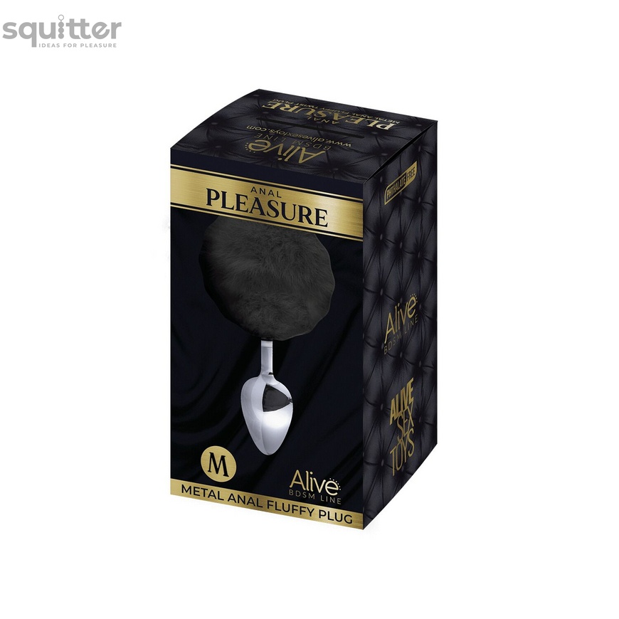 Металлическая анальная пробка Кроличий хвостик Alive Fluffy Plug M Black, диаметр 3,4 см SO6315 фото