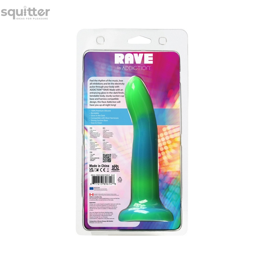 Светящийся в темноте фаллоимитатор ADDICTION Rave 8″ Glow in the Dark Dildo Blue Green, 20,3 см SO6849 фото